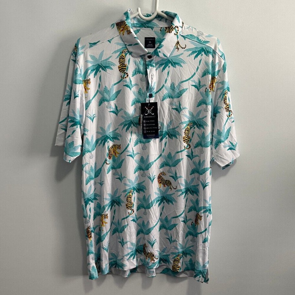 Construct Golf Shirt‎ Aqua Green Palms & Tiger Sz XL
